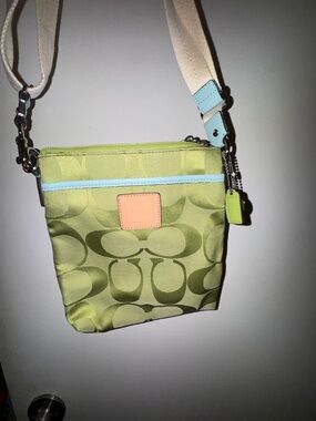 Coach Green Patterned Shoulder Bag with Cream Strap and Blue Trim